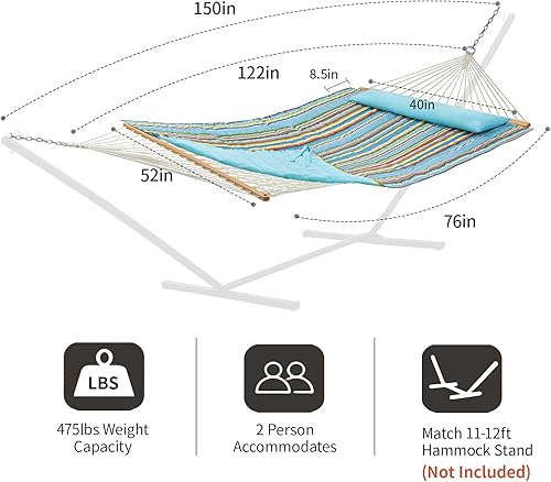 Miniatura 6 de CHULIM Hamaca doble para exteriores con barras de soporte de madera dura, gran hamaca de cuerda con almohada de poliéster y cojín, capacidad de 224