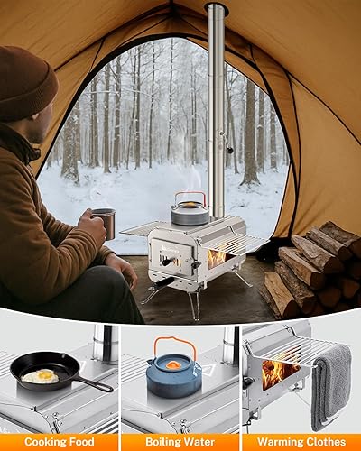 Miniatura 8 de Gonex Estufa de camping plegable portátil de leña, estufa de tienda caliente para calefacción de refugio al aire libre, cocina (grande)