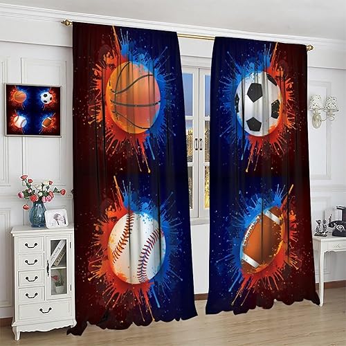 Vista 28 de Boys Sports Curtains Basketball Football Baseball Flame Pattern Printed Curtains Kids and Teenagers' Bedroom Living Room Blackout Curtains W42 * L54