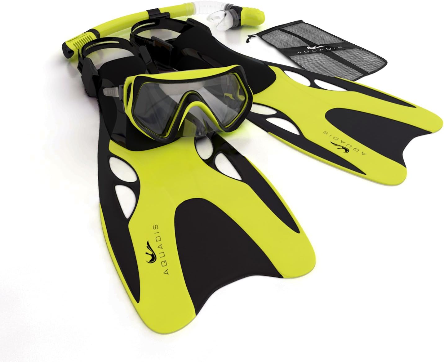 Aquadis Snorkel Set with Diving Mask, Dry Top Snorkel and Open Foot Pocket Luxury Fins for Men and Women- Best Snorkel Kit for Spearfishing and Scuba-Comes with a Travel Dive Gear Bag