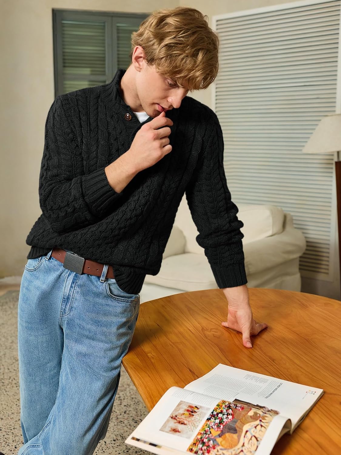 Bbalizko Mens Stand Collar Pullover Sweater Cable Knitted Chunky Winter Fashion Buttons Twisted Thermal Sweaters - Image 3