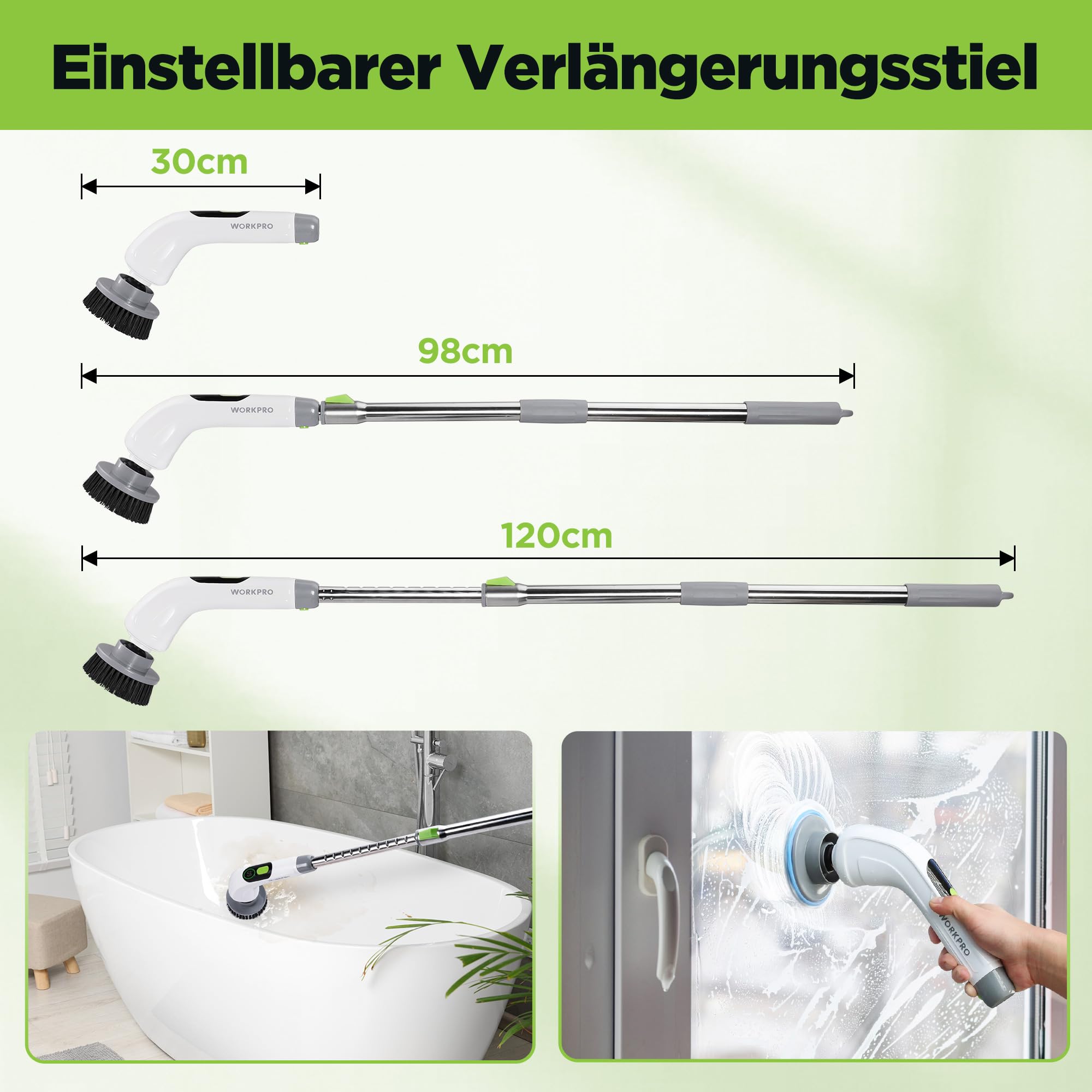 WORKPRO Elektrische Reinigungsbürste mit Leistungsanzeige, 8 IN 1 Spin Power Schrubber, Mit 8 Bohrköpfen & 30-120 cm Teleskopstange, Akku-Reinigungsbürste mit 3 Drehzahlstufen, Für Badezimmer, Küche