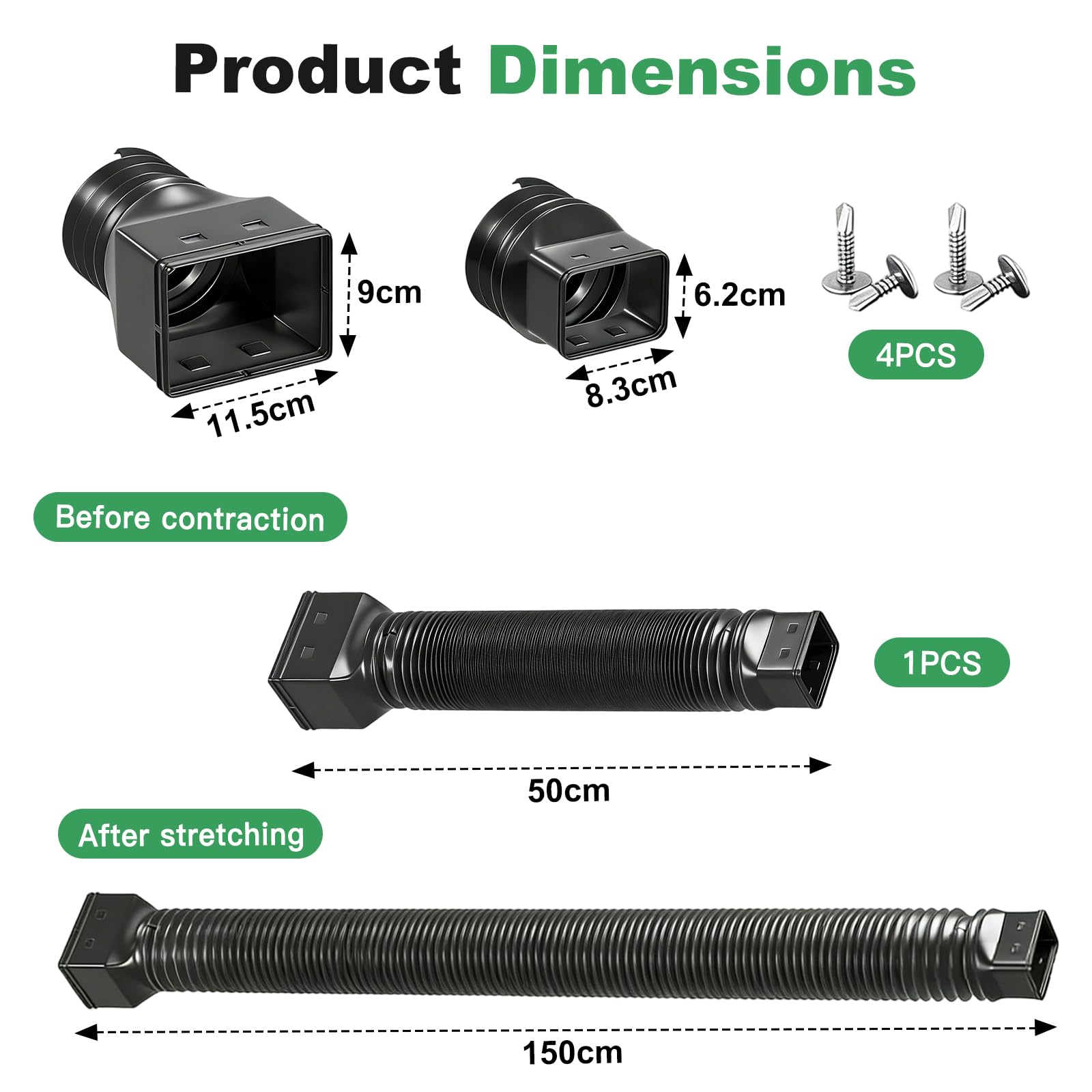 Prolunga Flessibile per Pluviali (50-150cm) per Tubi 80/100mm, Resistente UV e gelo, Protezione Fondamenta da Danni acqua (Nero)