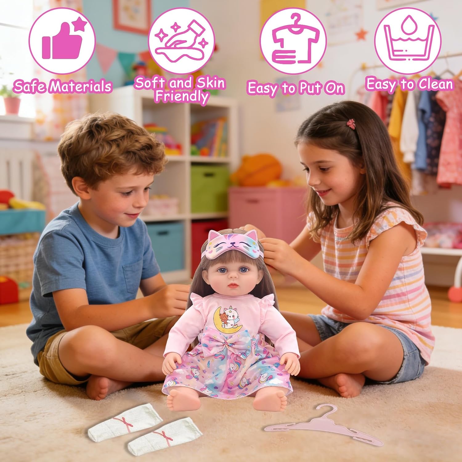 4 Pcs Baby Doll Clothes for 20-22 Inch Girl Dolls Outfit Accessories, Cute Pink Colorful Animals Dresses Include Colored Eye Mask Bow-Tie Socks Clothes Hanger for Reborn Baby Doll Girl Christmas