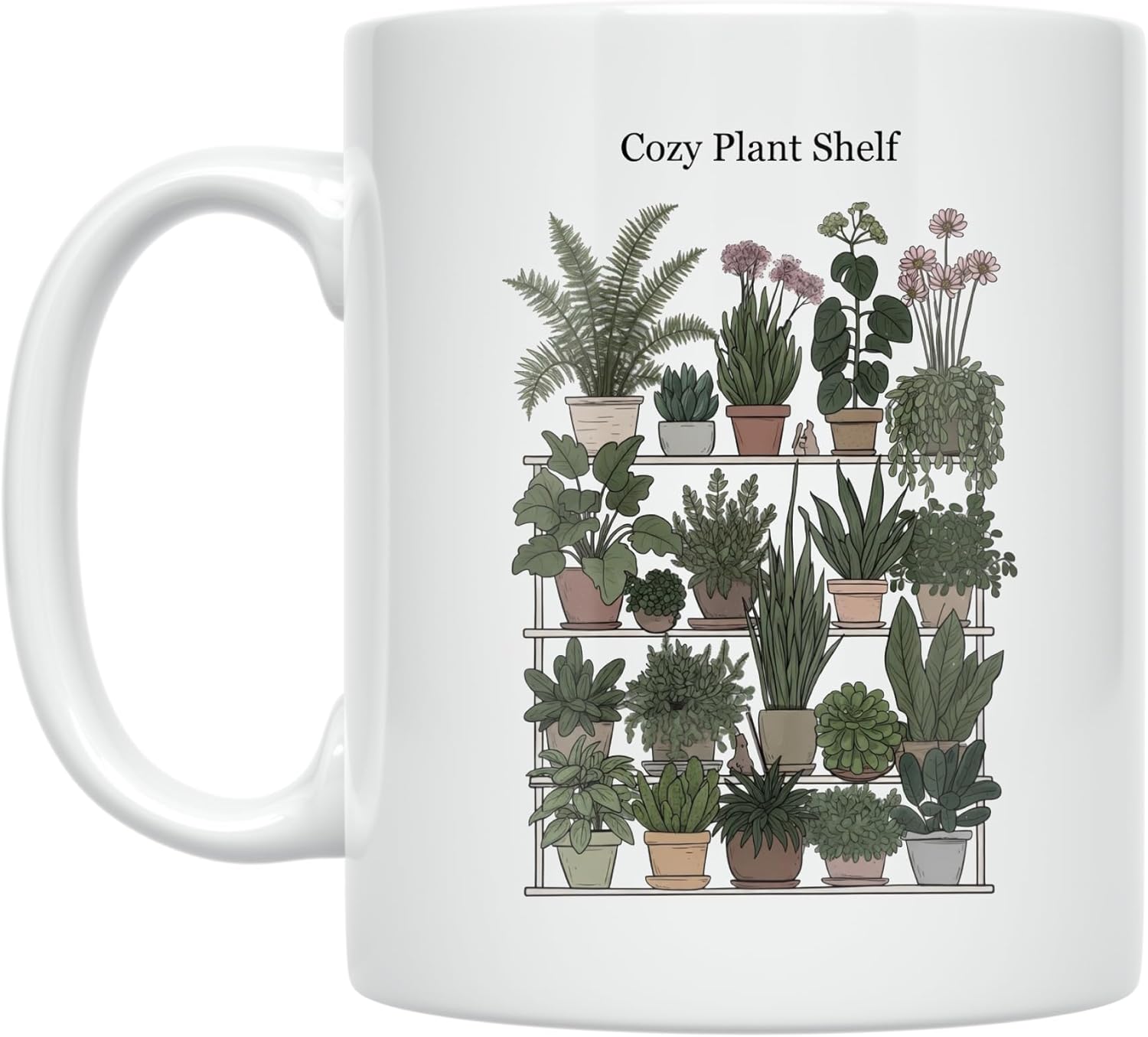 Plant Lover Coffee Mug – Charming Plant Shelf Decor – 11 oz White Ceramic – Minimalist Style