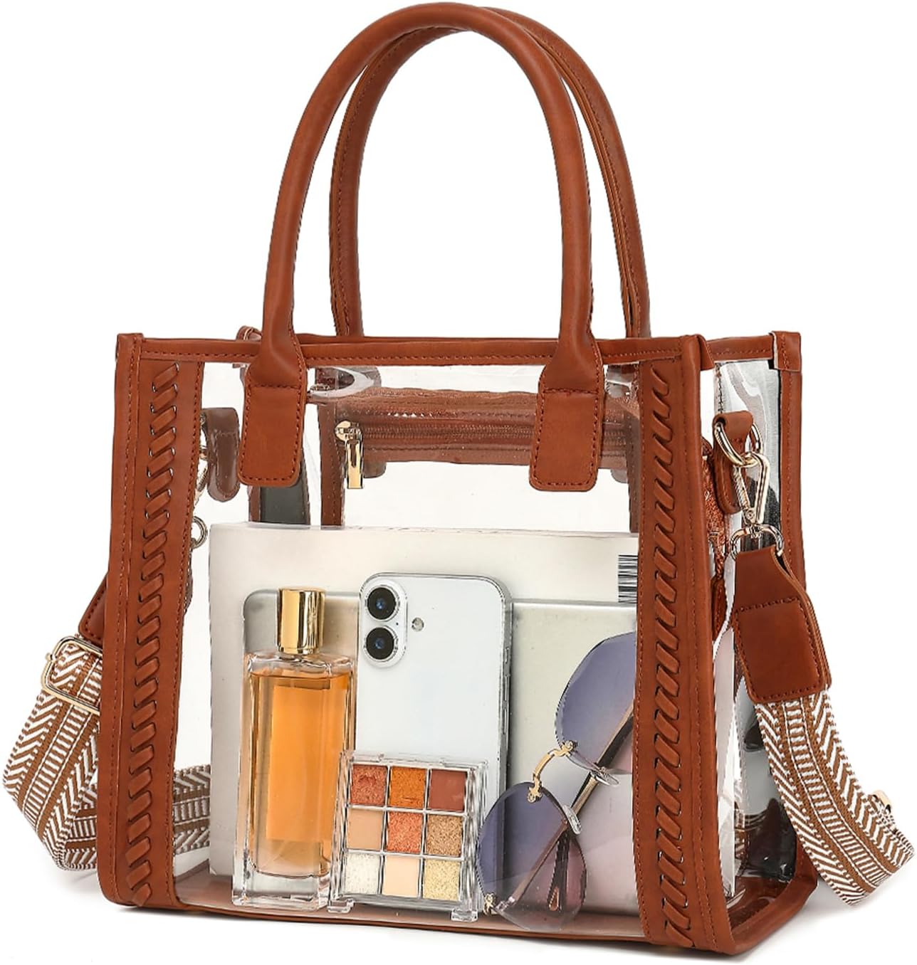 FAIME Clear Tote Bag Stadium Approved, Clear Crossbody Purse Transparent Woven Handbag for Concert, Beach & Stadium event | Water-resistant, Stadium Approved