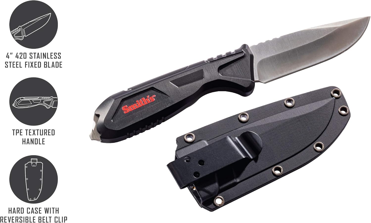 Smith's 51243 EdgeWork-Site 4” Fixed Blade Knife – Stainless Steel + Stonewash Finish – Sheath w/Pocket Clip – TPE Textured Handle – Everyday Carry Straight Blade