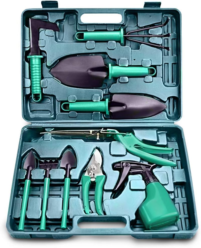 10 Pieces Gardening Tool Set- Garden Tool Organizer,Ergonomic Non Slip Handle Including Shovel,Sprayer,Rake,Weeder,Trowel,Carrying Case Gift Multifunctional Garden Tools