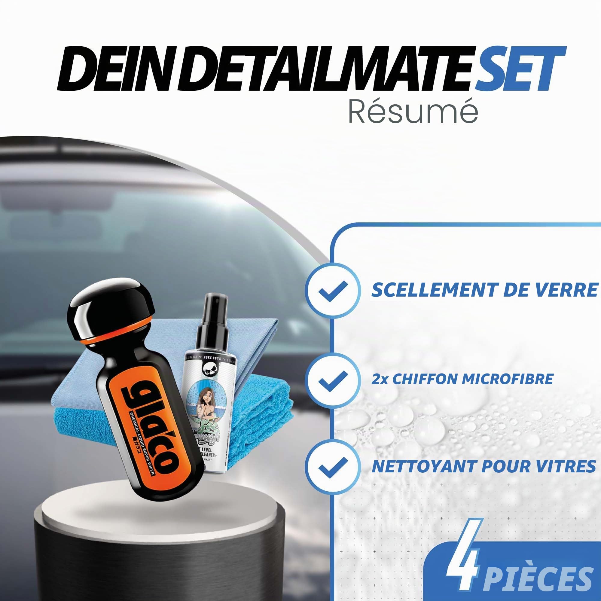 detailmate Kit de scellage pare-brise pour voiture et douche - Effet lotus Soft99 Ultra Glaco Vitrifiant 70ml + nettoyant pour vitres 100ml + chiffon microfibre en verre + chiffon polissage moelleux