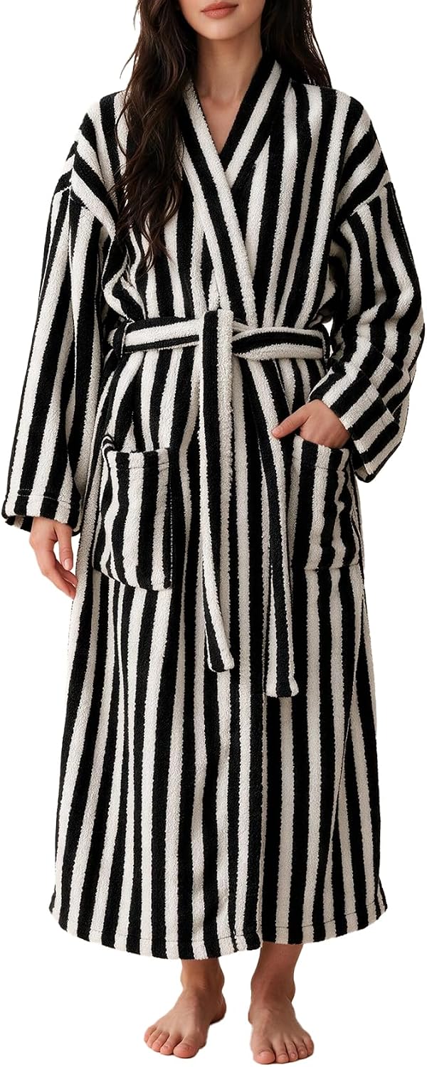 Flygo Women Fluffy Fleece Robe Long Striped Warm Plush Bathrobes