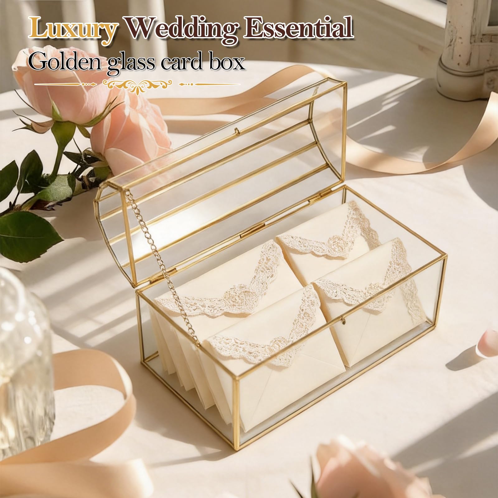 Hochzeitskarten-Box aus Glas mit Herzschloss und Einwurfschlitz | Transparenter Kartenhalter, Abschließbar mit Herzschloss, ideal für Hochzeitsempfang, Geldgeschenke und Karten