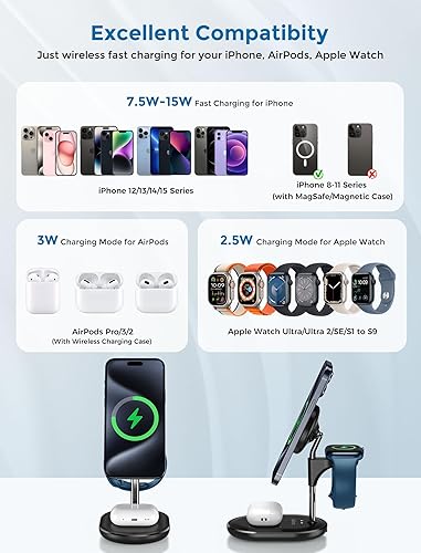 Miniatura 5 de Hevanto Soporte cargador 3 en 1 Mag-Safe para iPhone, AirPods y Apple Watch, paquete de 2 (negro y rosa pálido)