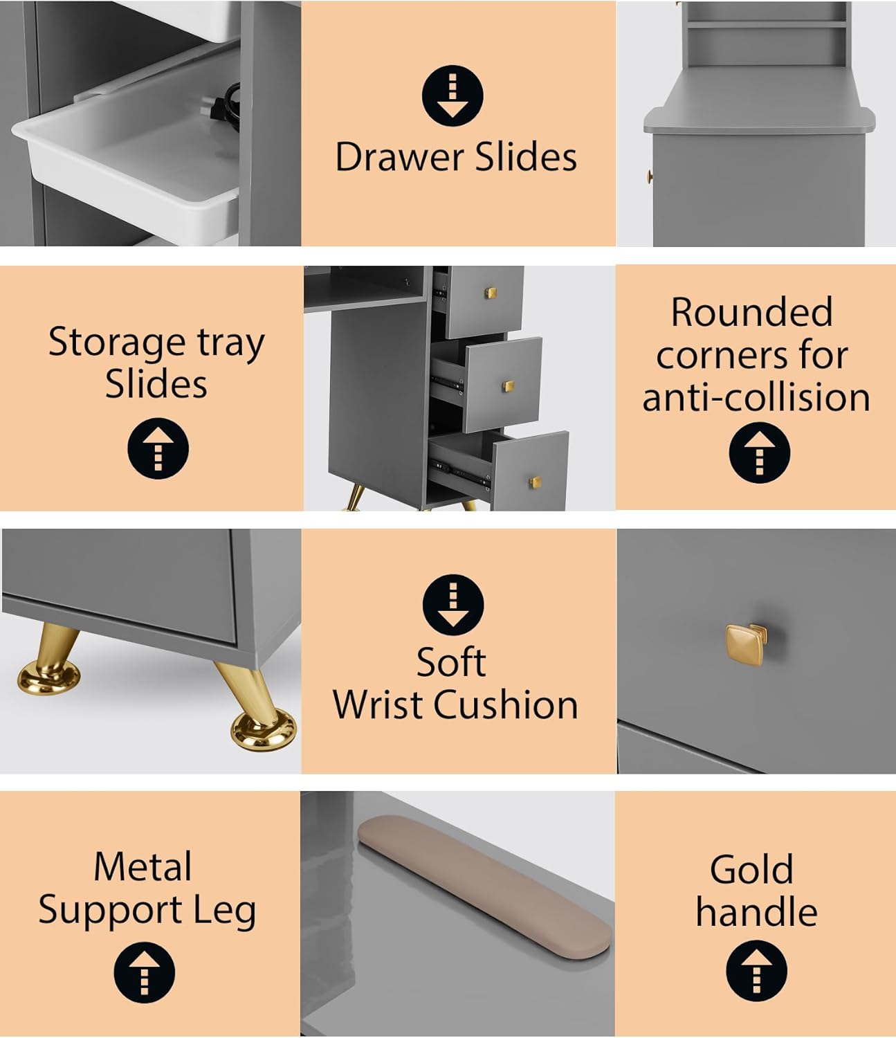 Gray Nail Table for Nail Tech, Nail Desk for Nail Tech, Manicure Table Nail Station for Makeup Beauty Spa Salon, w/2 Hand Rest, Pull-Out Storage Tray, 3-Tiers Shelves, Golden Legs