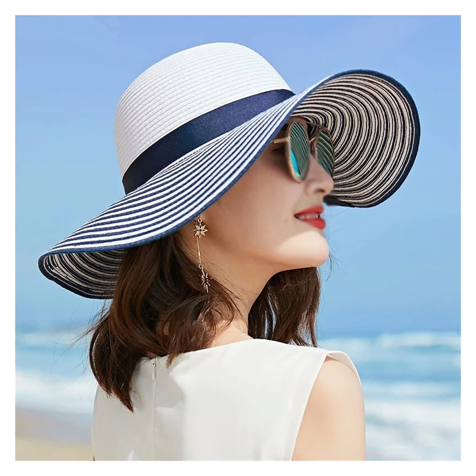 Chapeau de paille à bord large avec nœud à rayures pour femme