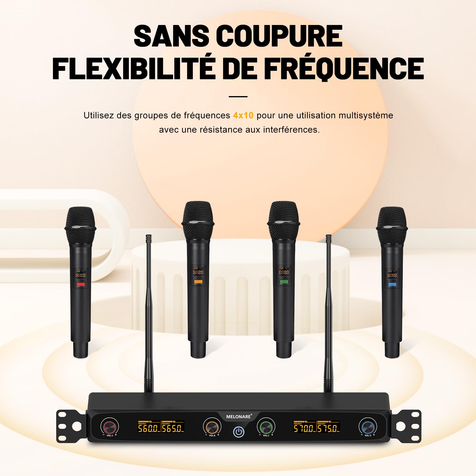 MELONARE Système de Microphone sans Fil UHF Rack 4 canaux MWM-41F-4H
