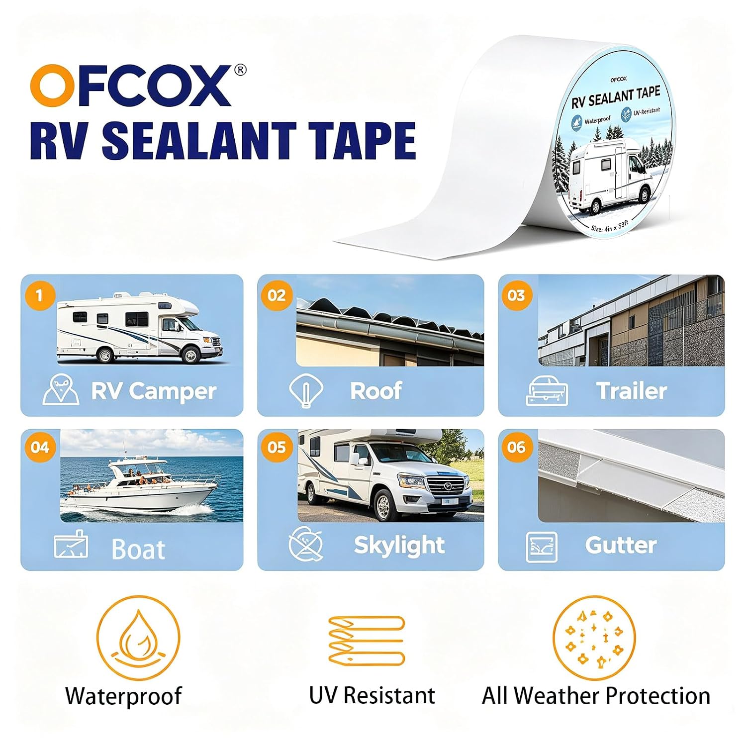 OFCOX RV Roof Tape White 4" x 33' Butyl Sealant Tape, UV Resistant Waterproof Leak Repair for Camper Trailer Boat, Window Sealant for Automotive RV Roofs, Campervans, Trailers