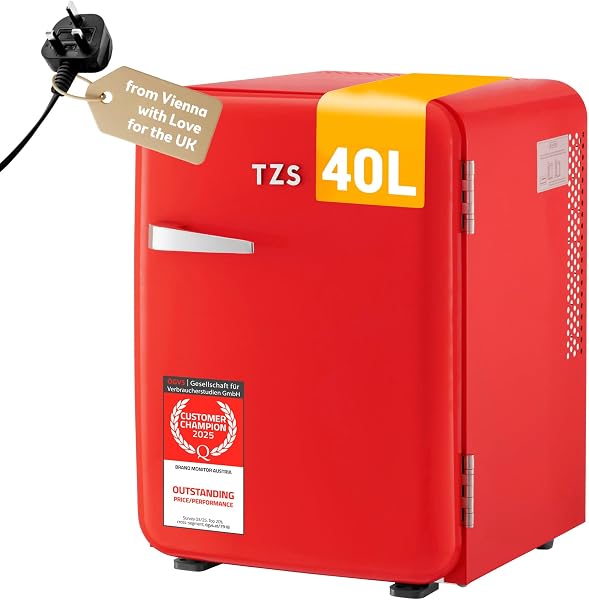 TZS First Austria - Retro Mini Fridge 40L Silent - Small mini fridge in vintage design with interior lighting & 2 door compartments - Minibar for camping, office, bedroom & hotel - red - 1