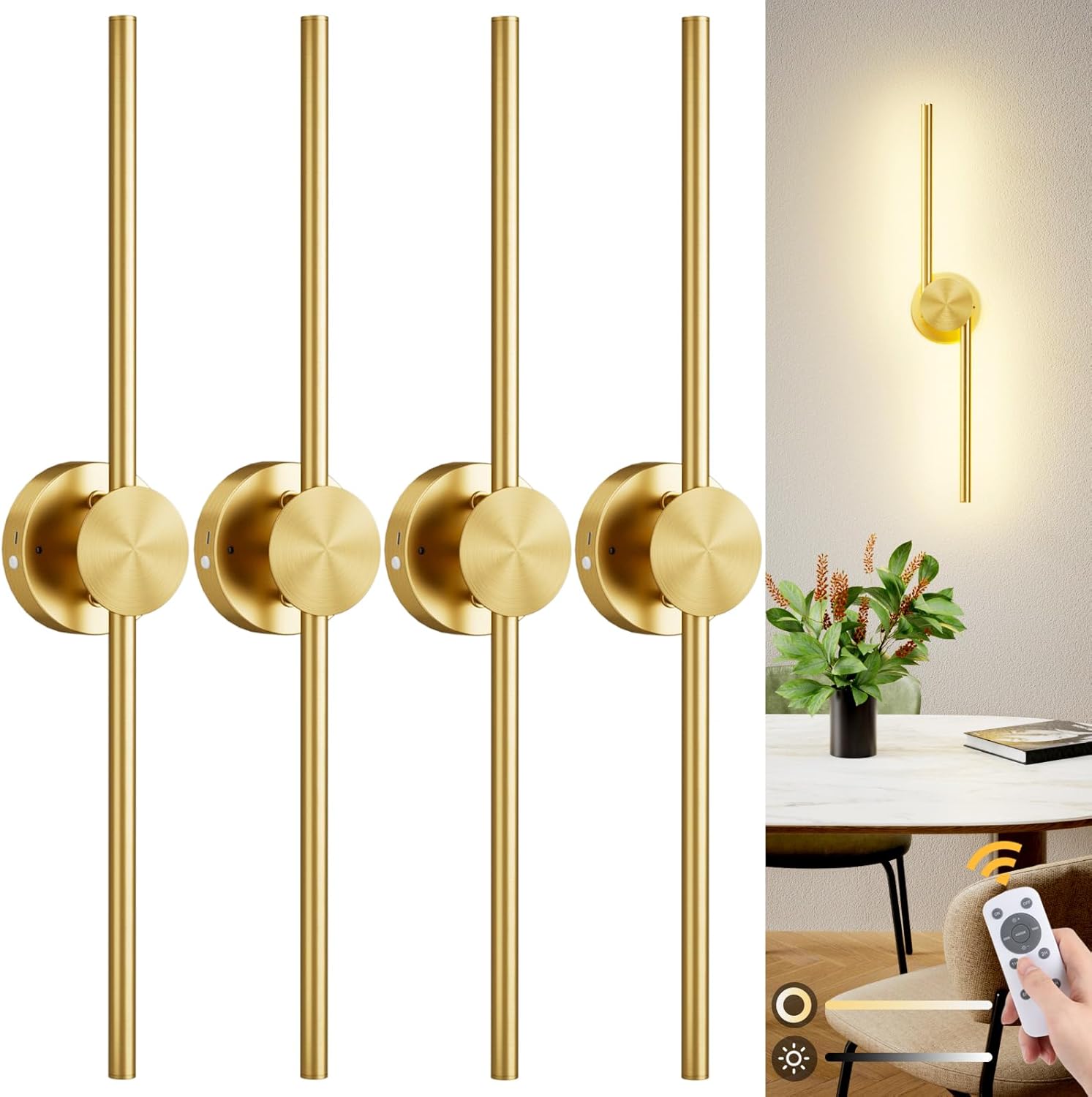 Battery Operated Wall Sconce Set of 4, Gold Rechargeable Wall Lights with Remote Control, 3000K-6500K Dimmable Wireless Wall Sconces with Rotatable Lamppost for Living Room, Bedroom, 28.15 Inch