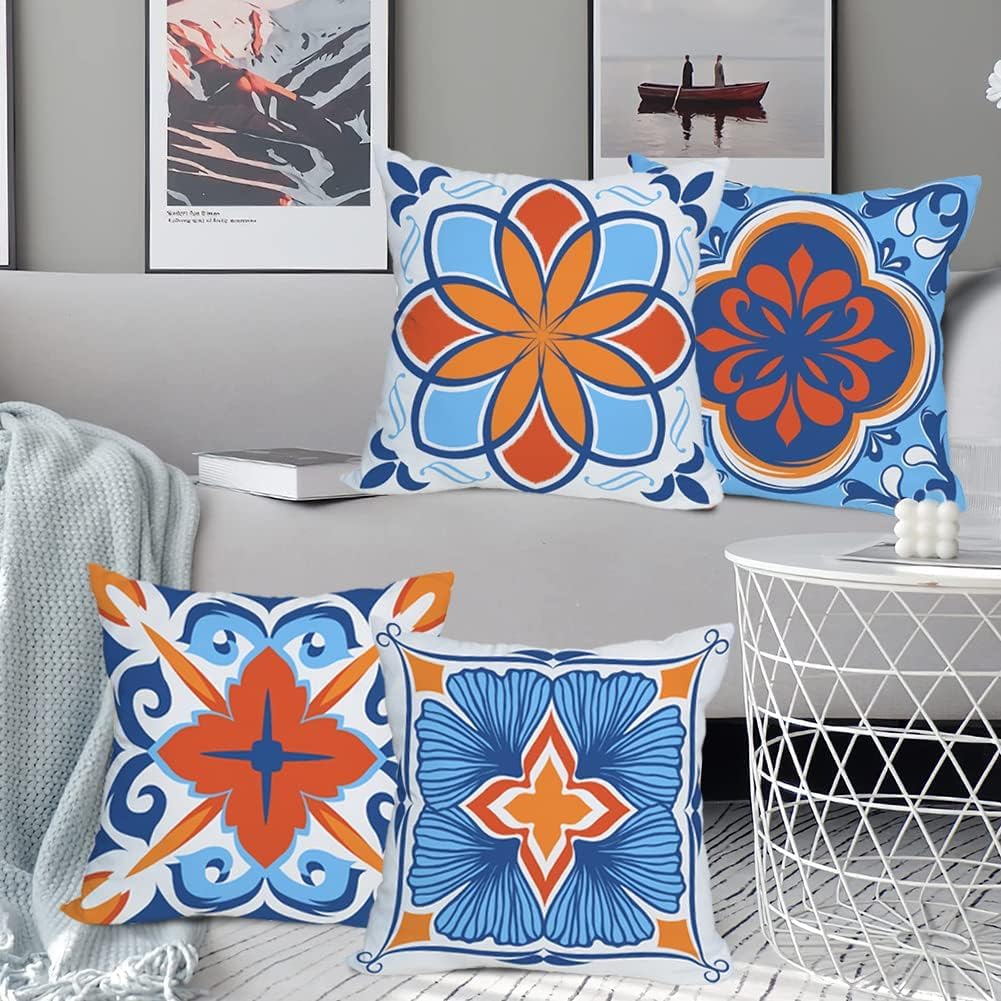 Outdoor Waterproof Throw Pillow Covers 22x22 inch Floral and Boho Style Decorative Pillow Covers Modern Geometric Pillowcase for Patio Funiture Garden Set of 4, Blue and Orange