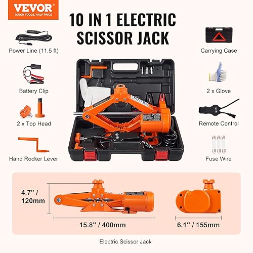 Miniatura 7 de VEVOR - Gato eléctrico para auto de 3 toneladas  3000 kg, gato de tijera eléctrico de 12 V, con sillín doble y control remoto, gato de auto portátil