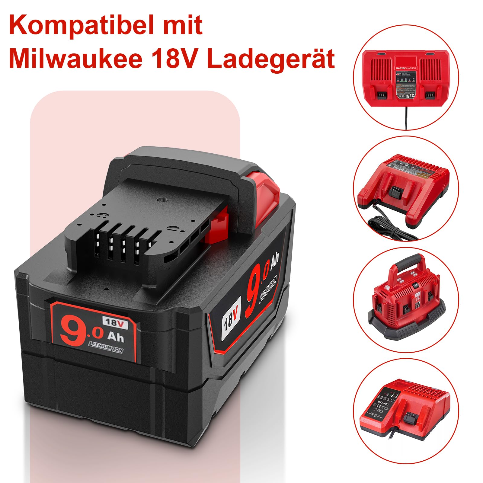 QUPERR 2 Stück 9,0Ah Ersatzakku für Milwaukee M18 Werkzeuge | Mit LED-Ladeanzeige, hoher Kapazität und Mehrfachschutz gegen Überladung, Überhitzung und Kurzschluss