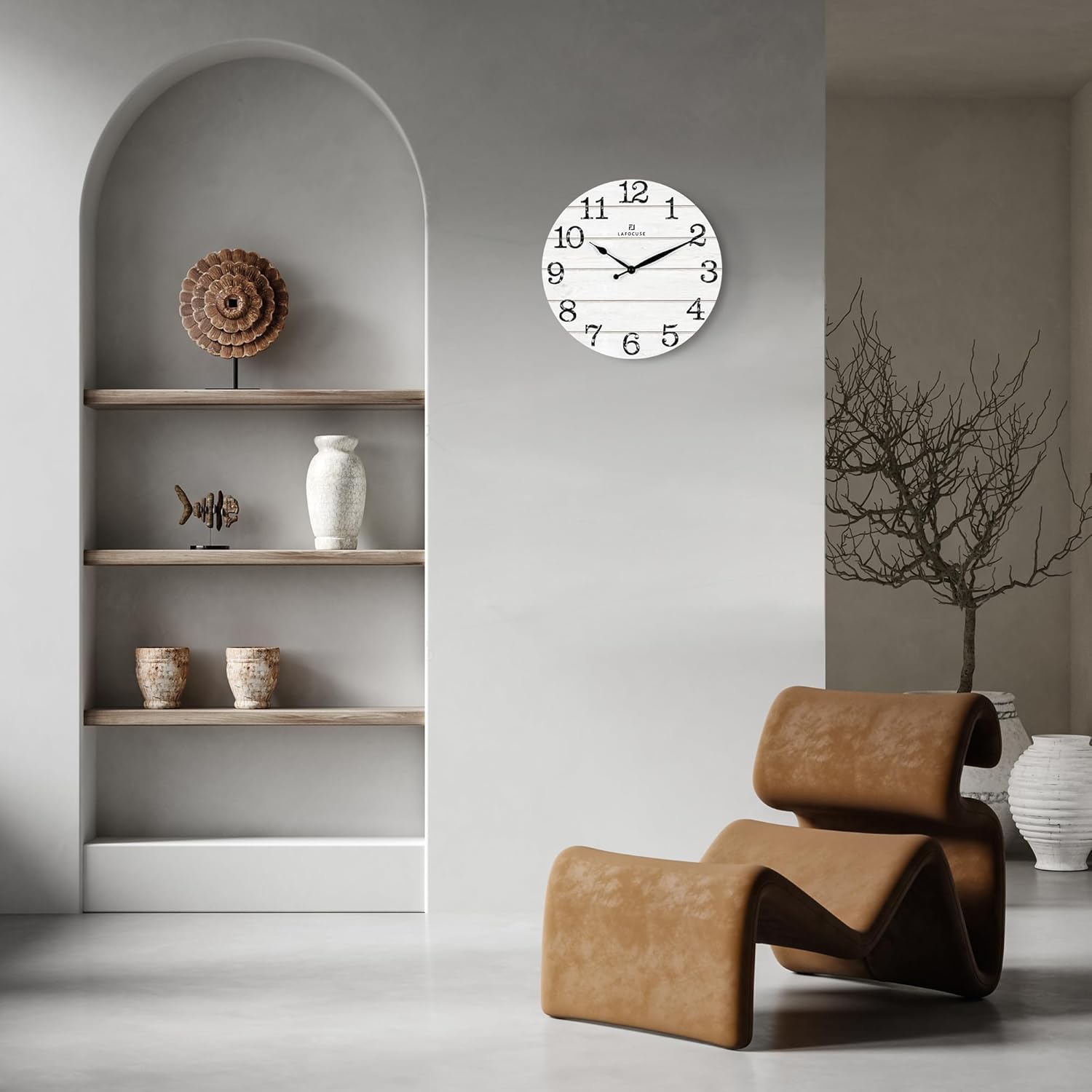 Lafocuse 12 Inch Silent White Wall Clocks for Kitchen Living Room Decor, Wooden Rustic Wall Clock Battery Operated, Decorative Farmhouse Clock