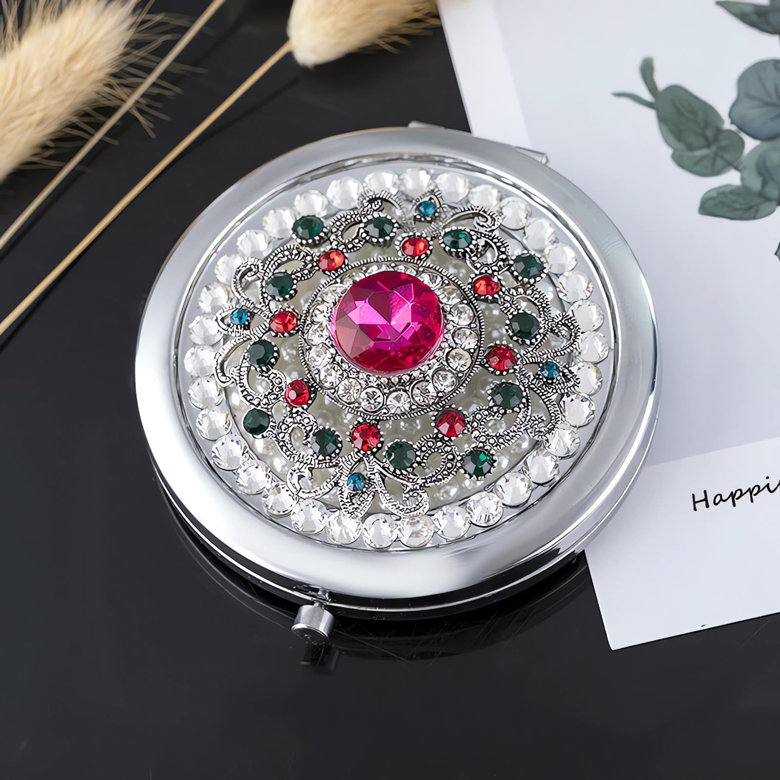 Pocket Mirror for Women 1x/2x Compact Mirror for Purses Hand Made Small Round Mirror Mini Mirror Girl's Travel Makeup Mirror (Pink Stone)