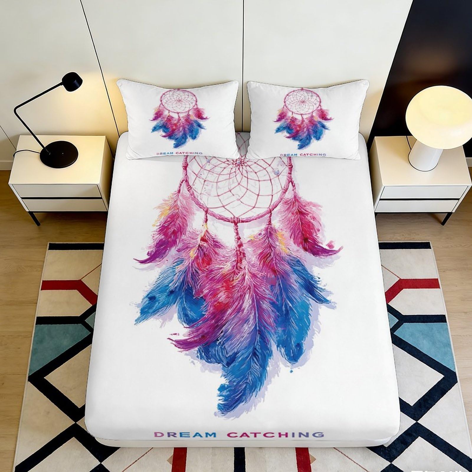 3D Printed Dreamcatcher Fitted Sheet Microfiber Boho Feather Bed Cover for Bedroom Dorm Decorative Mattress Protection 90x200x25cm