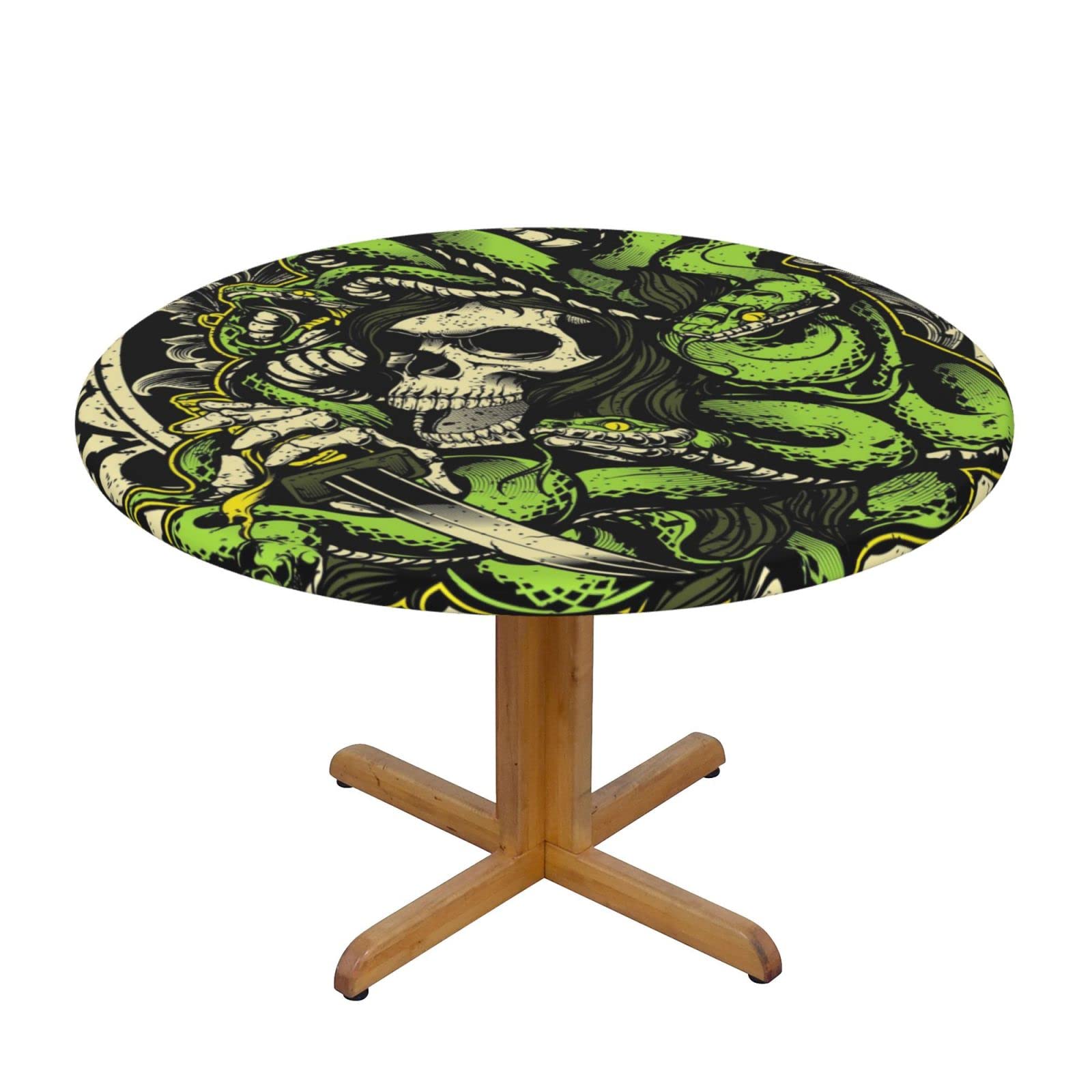 Lsjuee Round Fitted Tablecloth 45-50in Elastic Edged Table Cloth for Kitchen Dining Party Home Decor - Snake Medusa Skull Abstract