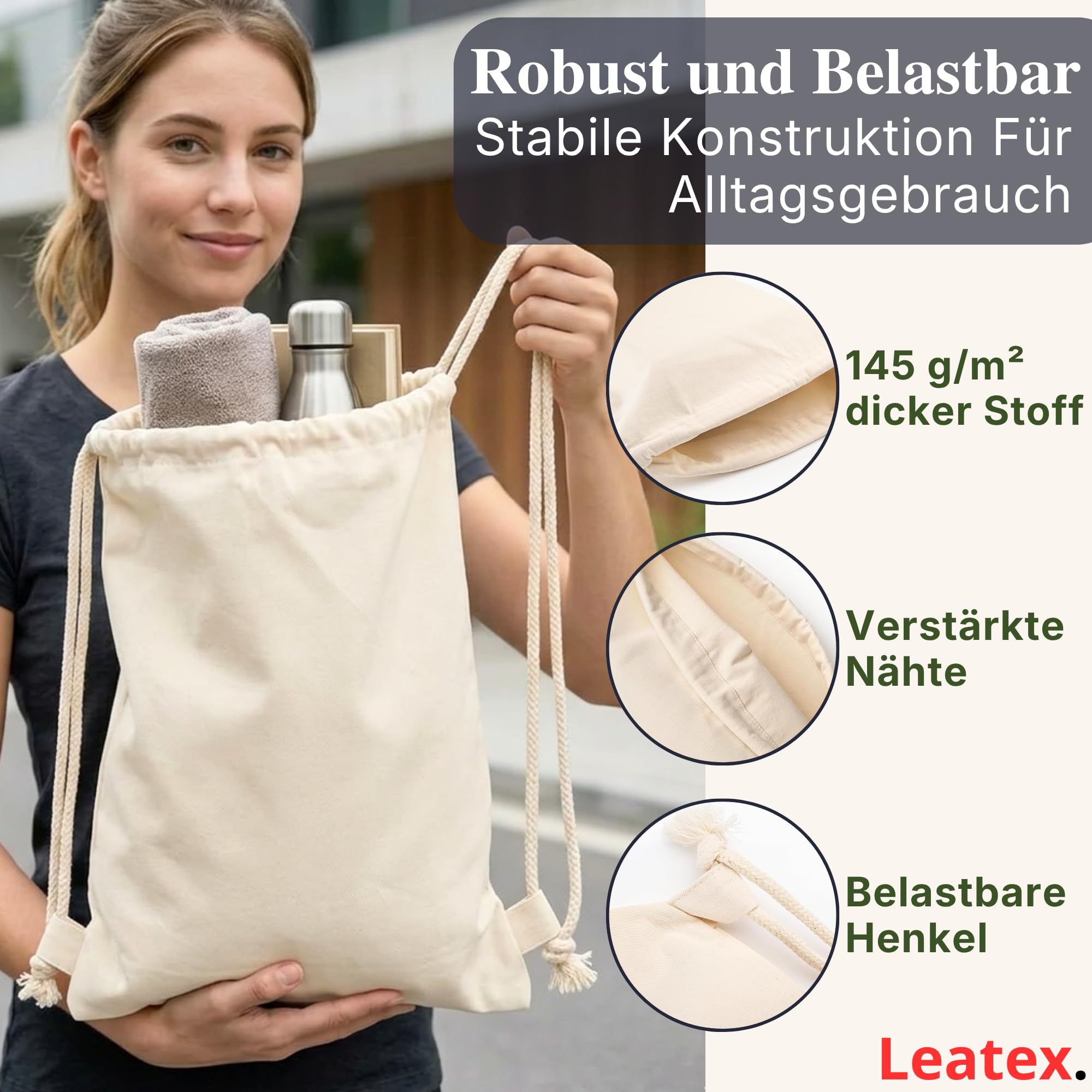 Baumwoll Turnbeutel 38×42 cm – Kordelzugbeutel aus 100% Baumwolle 145 g/m², OEKO-TEX zertifiziert – Sportbeutel zum Bemalen & Bedrucken – 5/10/25er Pack für Schule, Sport & Freizeit