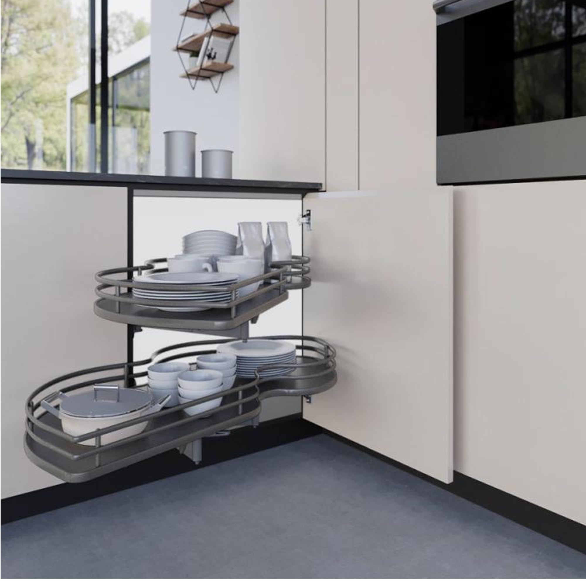 Meccanismo 846BEY/SX45 Base Angolo Estraibile Cucina 2 Livelli Organizer Cucina,Cestello Girevole,Estrazione Totale Ammortizzata Per Base Angolare 105X60 Anta 45 SX Struttura cesto Ardesia