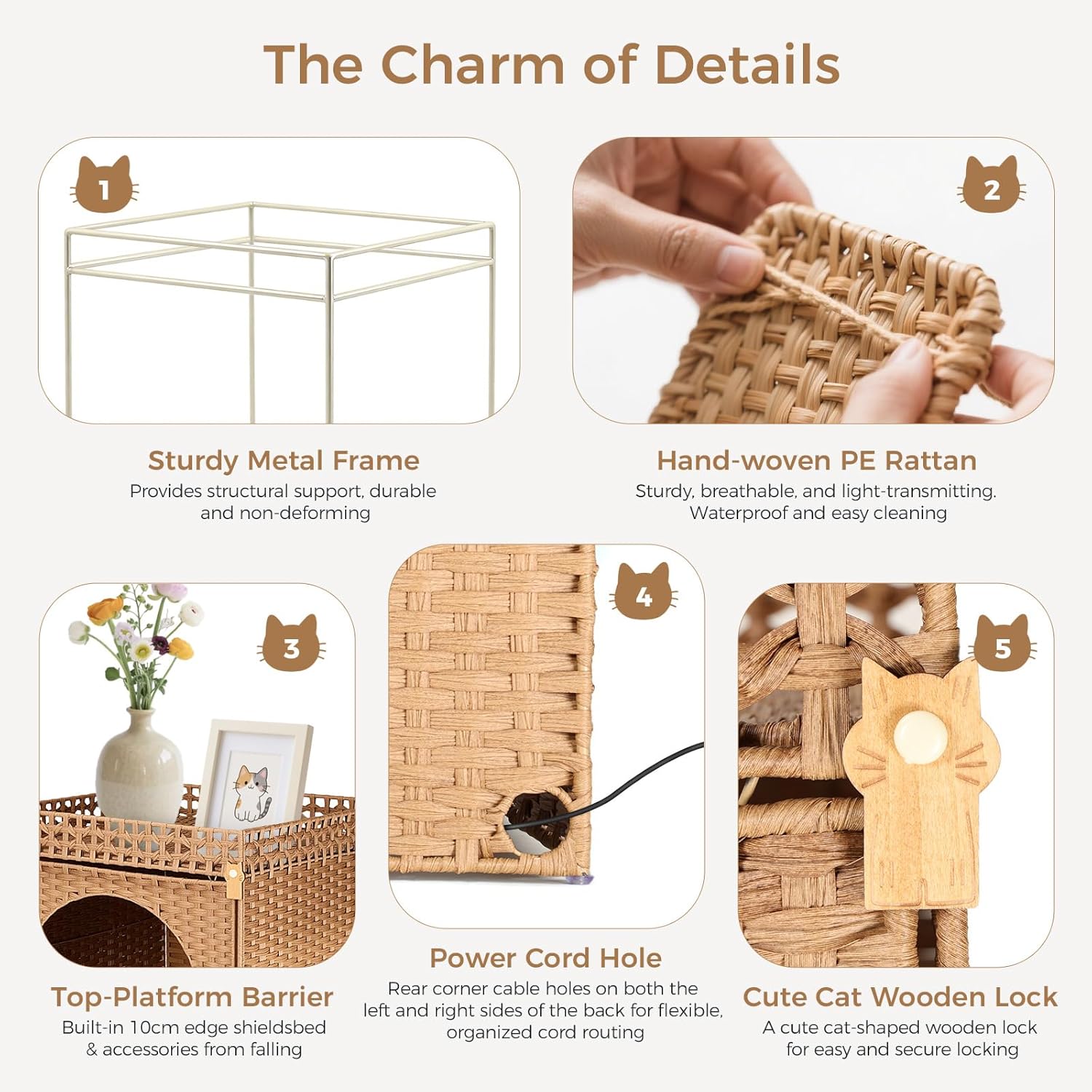 Self Cleaning Cat Litter Box Enclosure, XXL Extra Large Hidden Litter Box Furniture Cabinet, Handwoven PE Rattan Dog Proof Enclosed Litterbox, Fits Most Automatic Litter Boxes, Natural