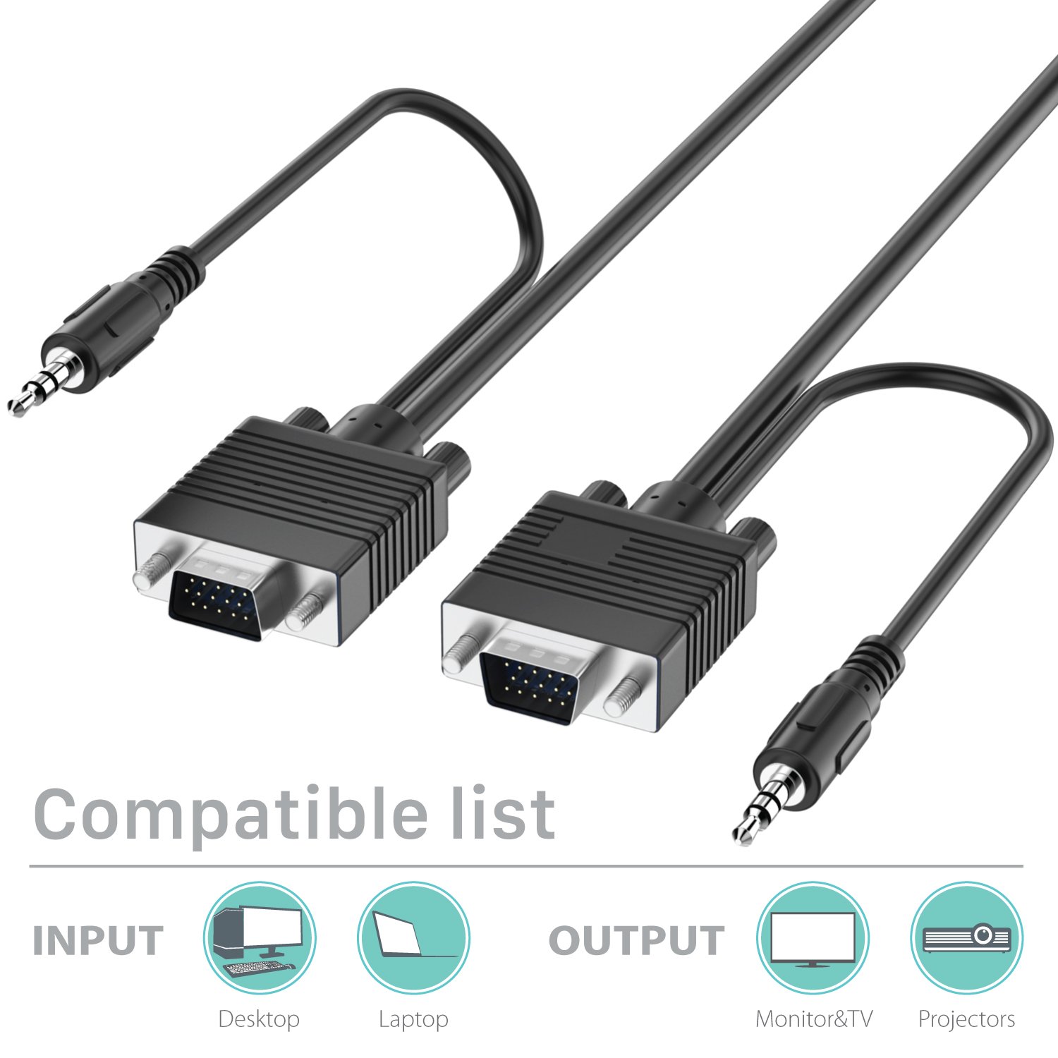 Cable de monitor VGA/SVGA/UXGA (25 pies) con conector de audio de 0.138 in (hombre a macho) - Soporta alta resolución de video para monitor LCD LED proyector HDTV 3
