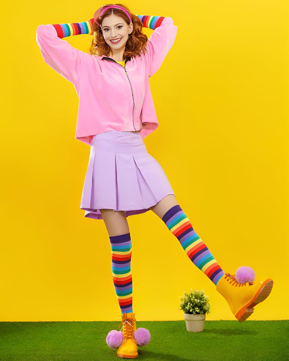 Syhood 2 Set Womens Rainbow Striped Knee High Socks Arm Warmer Fingerless Gloves Set for Girls Women Mardi Gras Themed Party - Image 3