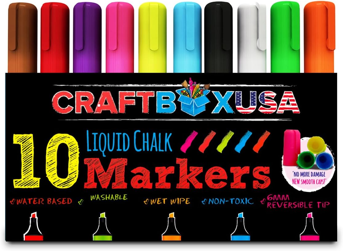 Liquid Chalk Markers - BRAND NEW Lids to Prevent Damage to the Nib - Craft Box USA - 10 Chalk Ink Pens - 6mm Reversible Tip - Use on Chalk Labels, Glass, Restaurant and Bistro Menu Boards - Kids Art