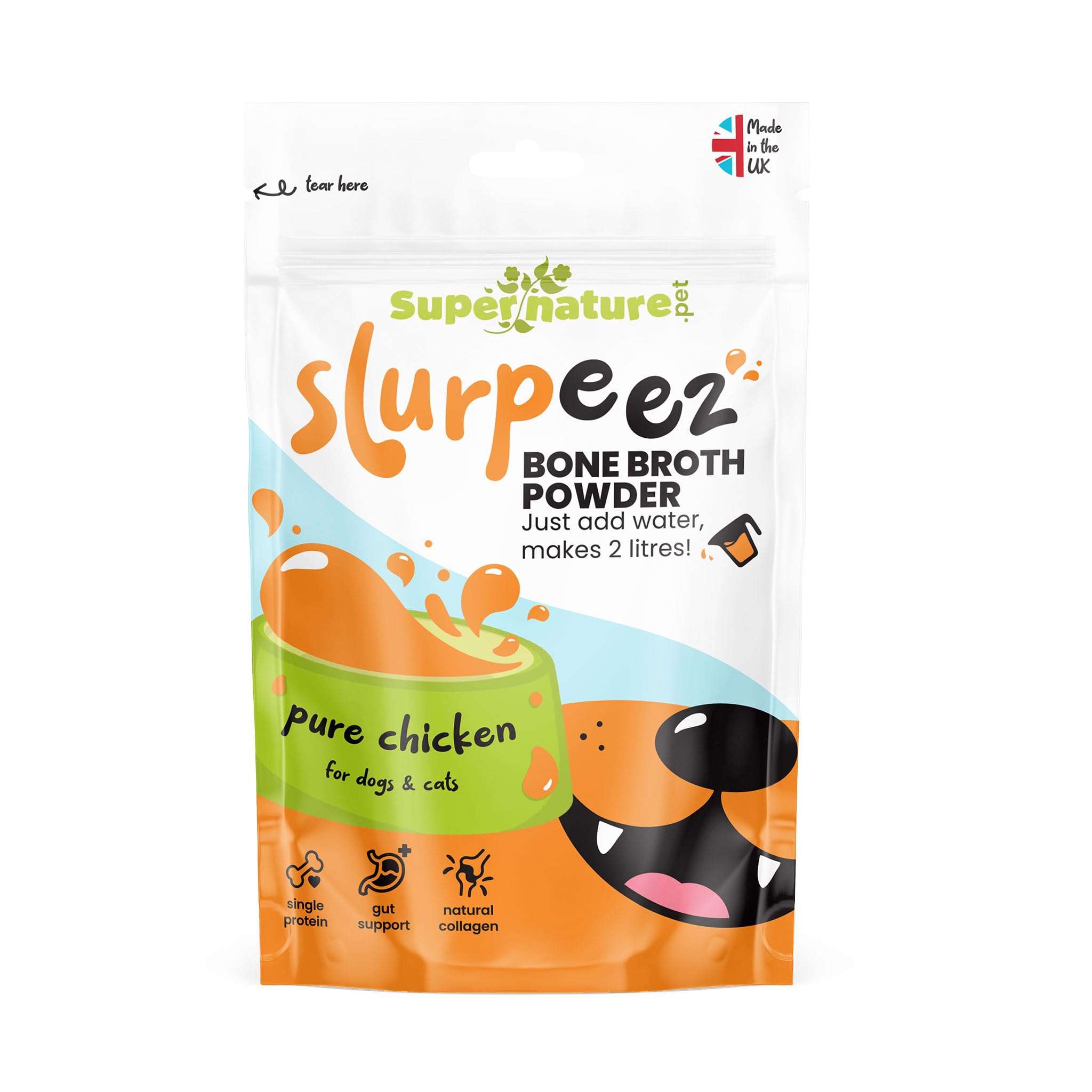 Supernature Slurpeez Bone Broth Powder 60g | 100% Pure Single Protein Chicken for Dogs & Cats, Food Topper for Picky Eaters, Enrichment, Collagen, Joint & Gut Health | Manufactured in the UK