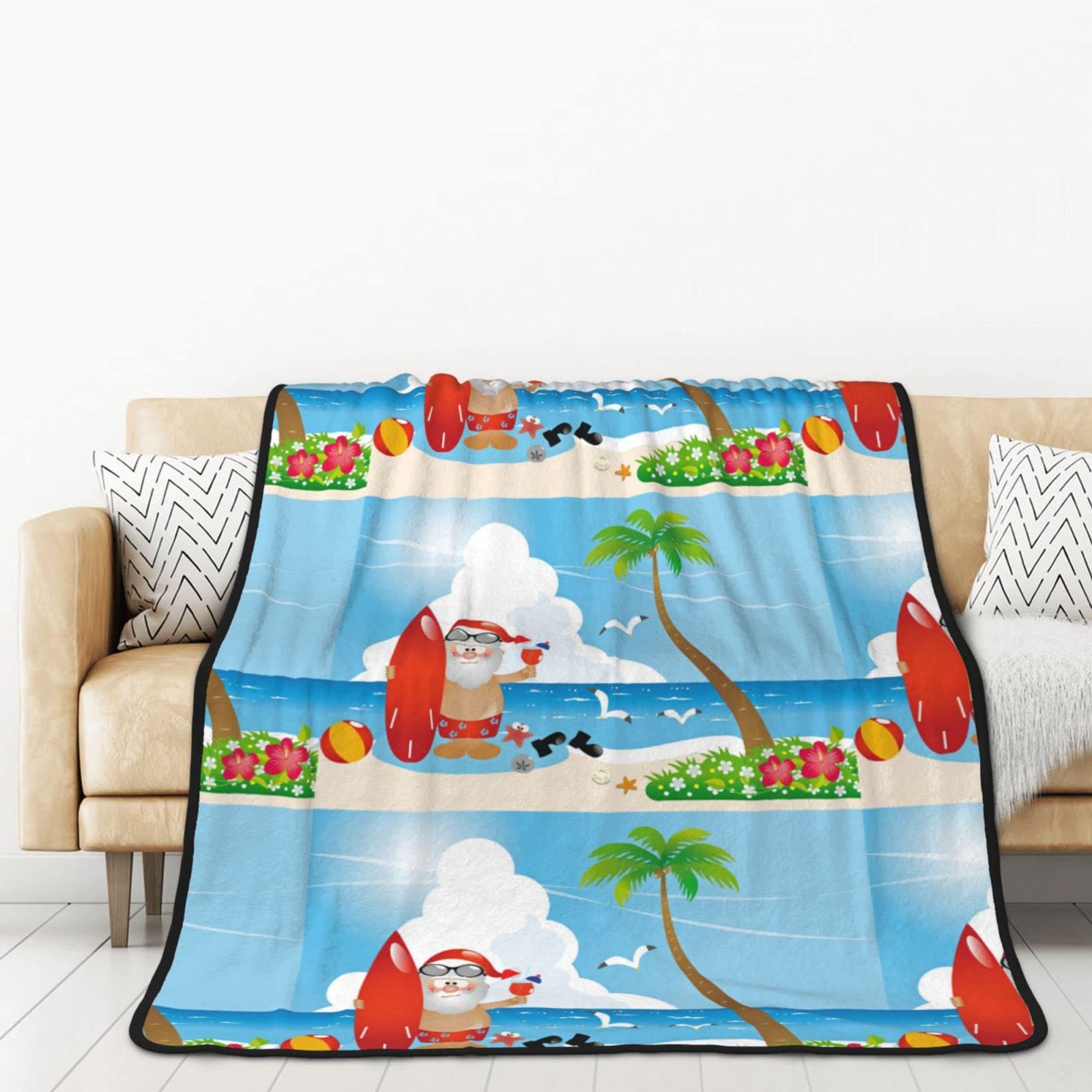 Couverture Père Noël à la plage grand plaid flanelle polaire anti-froid