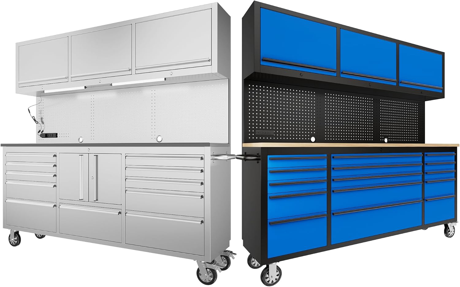 CHETTO C 72" Tool Cabinet Blue Chest with 3 Upper Cabinets + 72" Tool Chest Stainless Steel Mobile Rolling Workbench Large Tool Box Socket LEDs Lockable Storage Cabinet with Wheels for Garage 2 Pack