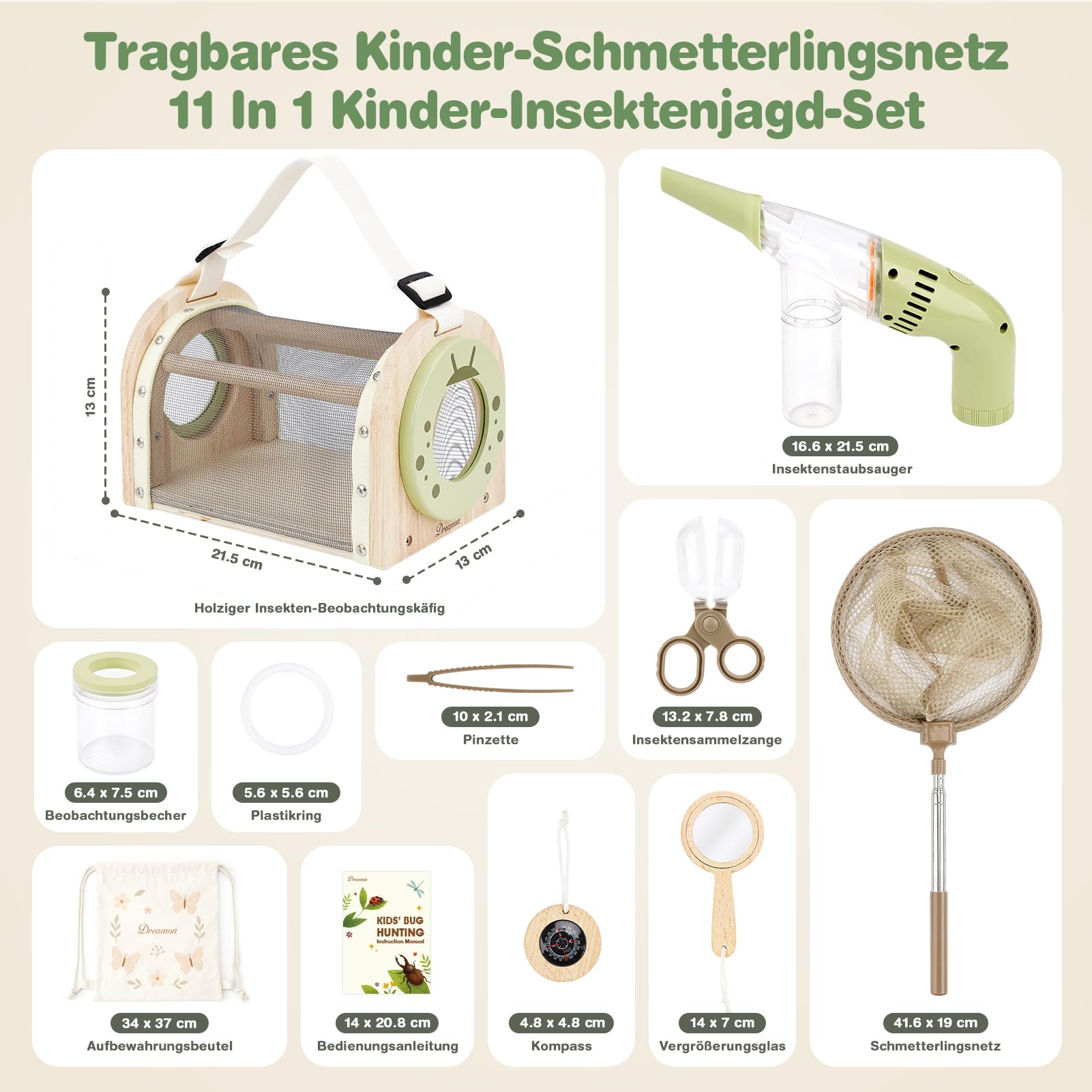 Dreamon Kinder Abenteuer Entdecker Bug Set, mit Schmetterlingsfangnetz, Insektenbeobachtungskäfig aus Holz, Becherlupen, Insektenfänger, Spielzeug für Draußen ab 3-7 Jahre, Geschenk 3-7 Jahre Junge