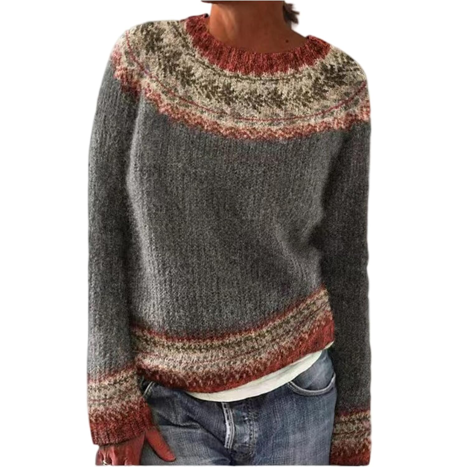 Womens Sweaters Long Sleeve Round Neck Loose Fit Pullover Tops Blocked Color Casual Fall Soft Jumper