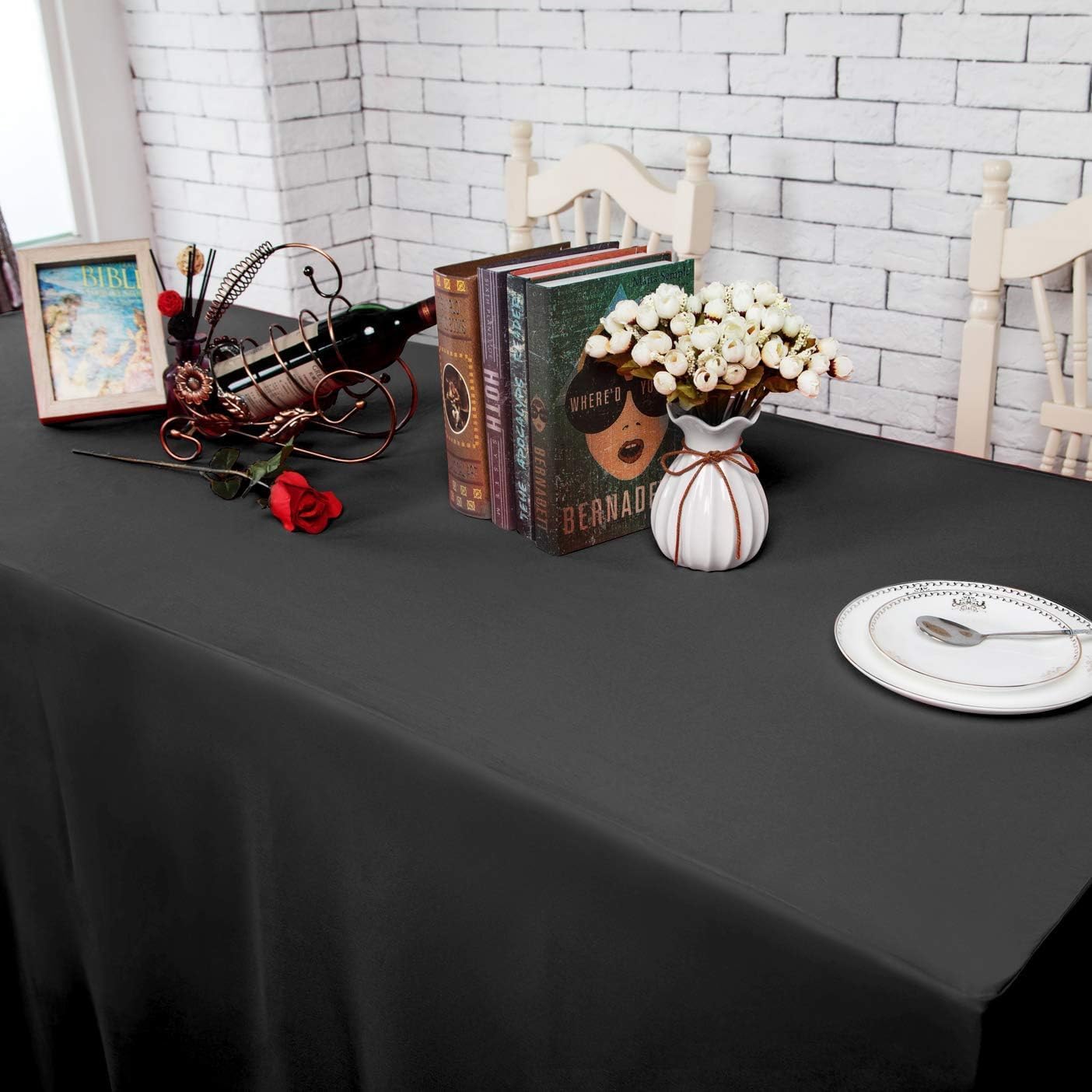 Surmente 5 Pack Black Fitted Tablecloths for 6 Foot Rectangle Tables, Black Table Covers for Weddings, Banquets, or Restaurants