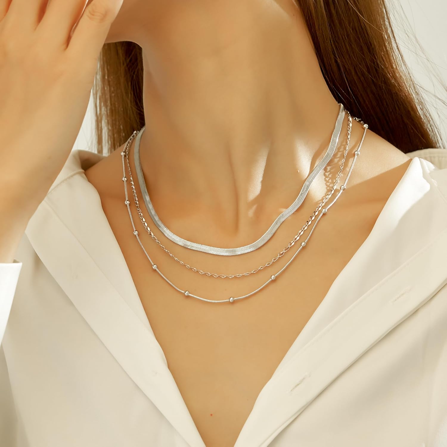 wgoud Gold Necklace for Women Waterproof,14K Real Gold Plated Herringbone Choker Necklace for Women Trendy, Dainty Gold Chain Necklaces Stack,Simple Layered Gold Necklaces for Women Jewelry Gifts - Image 3