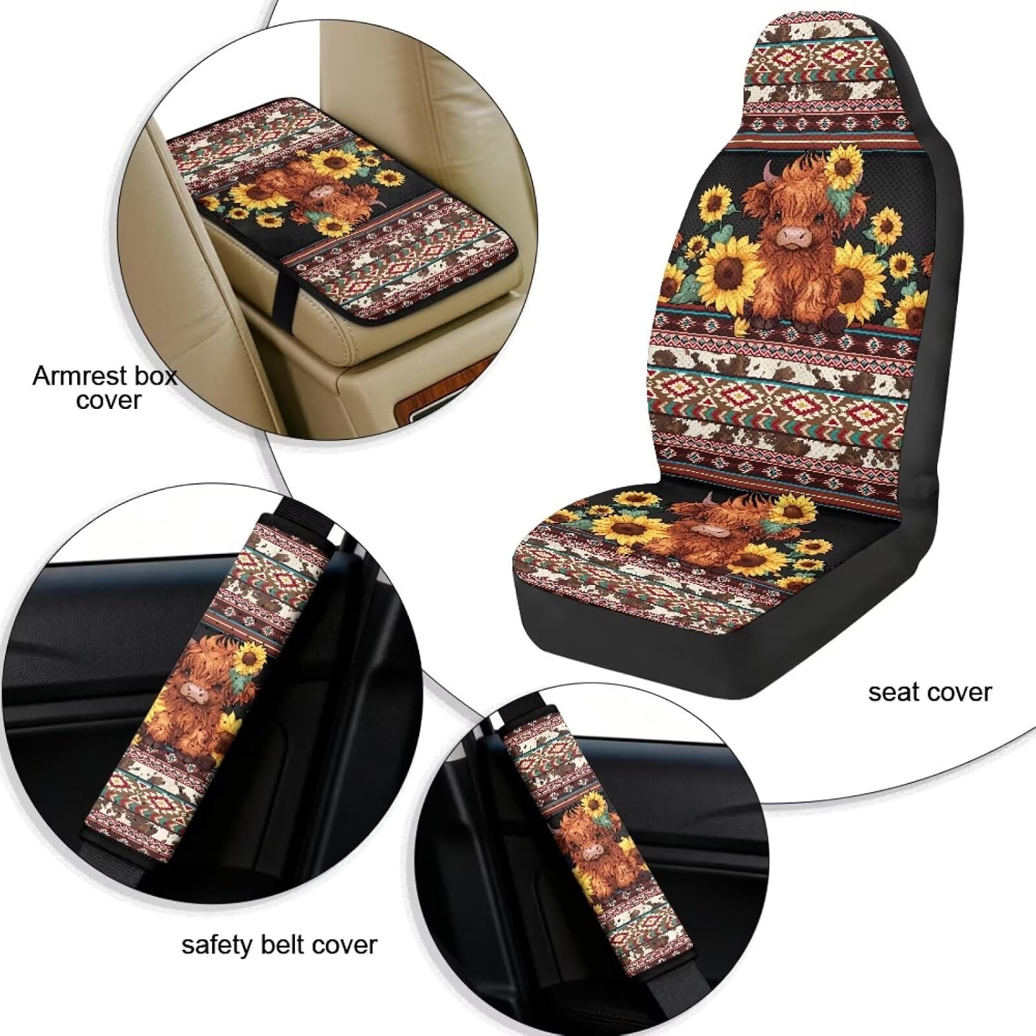 Car Seat Covers Front Seats Leather Universal Fit for Cars, Vans, Trucks, SUV, Set of 5 Car Seat Protector with Seatbelt Covers & Center Console Cover, Aztec Tribal Highland Cattle Sunflower