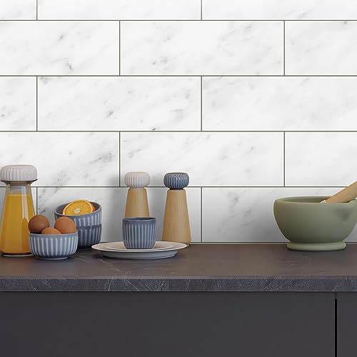 Miniatura 9 de INNO STICKERS Azulejos de metro de mármol de 30 hojas para despegar y pegar, 4 x 12 pulgadas. Azulejos compuestos de piedra impermeables para