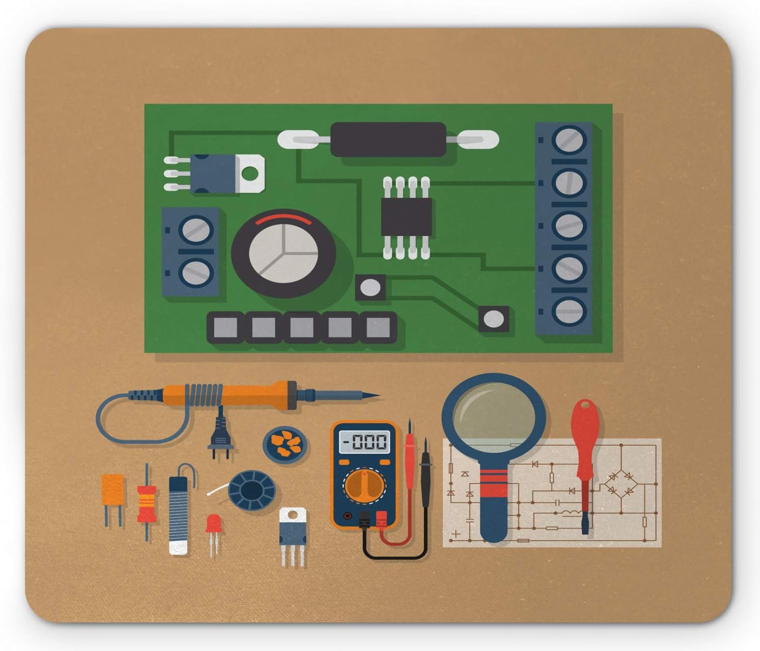 Lunarable Engineer Mouse Pad, Electronic Equipment and Soldering Iron Circuit Resistance on Brown Green Background, Rectangle Non-Slip Rubber Mousepad, Standard Size, Brown Green