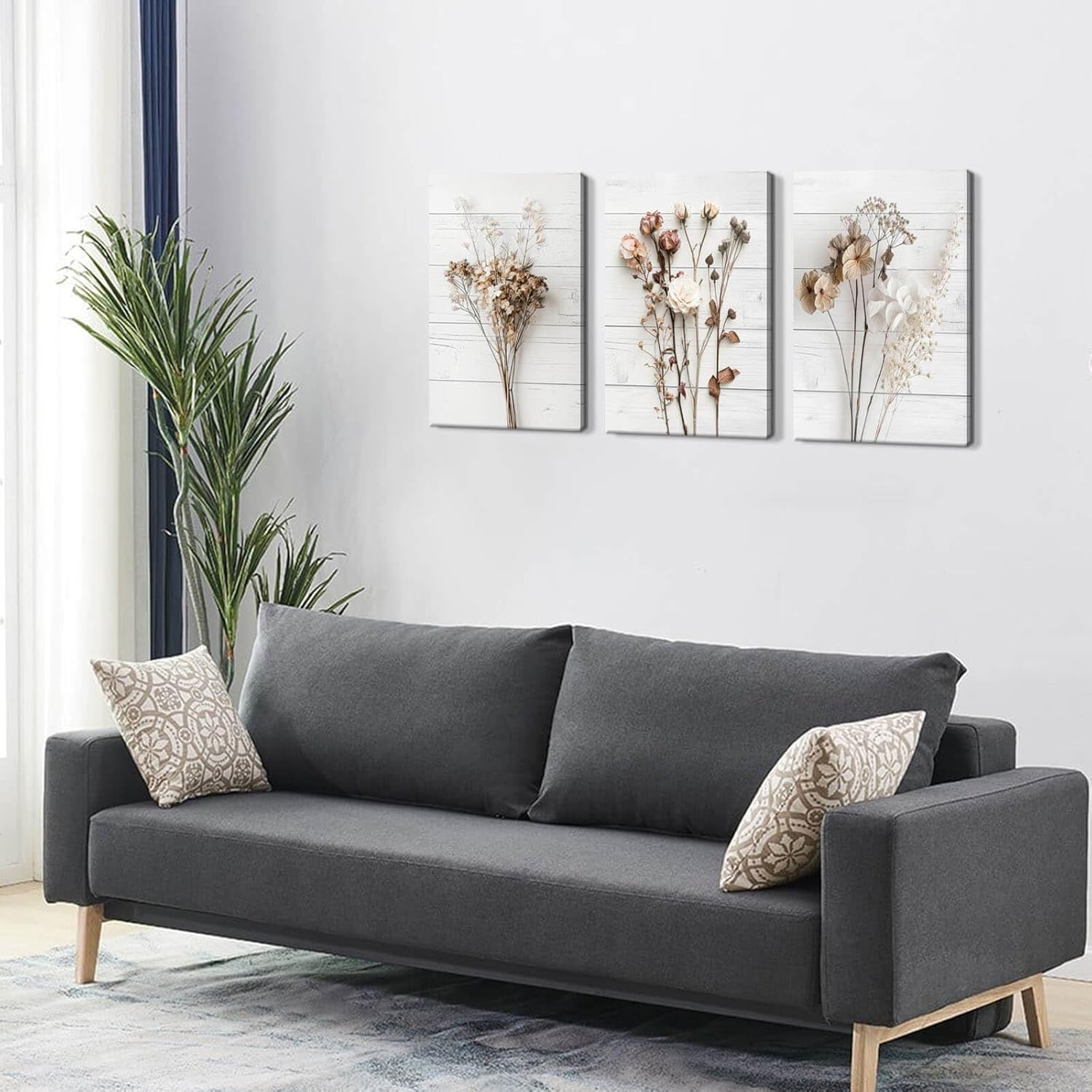 Modern Farmhouse Wall Decor Dried Wildflower Neutral Canvas Print Still Life Wall Art for Bedroom Aesthetic Rustic Floral Wall Art for Living Room Wall Decoration Stretched Set of 3 Pieces 16x24inches
