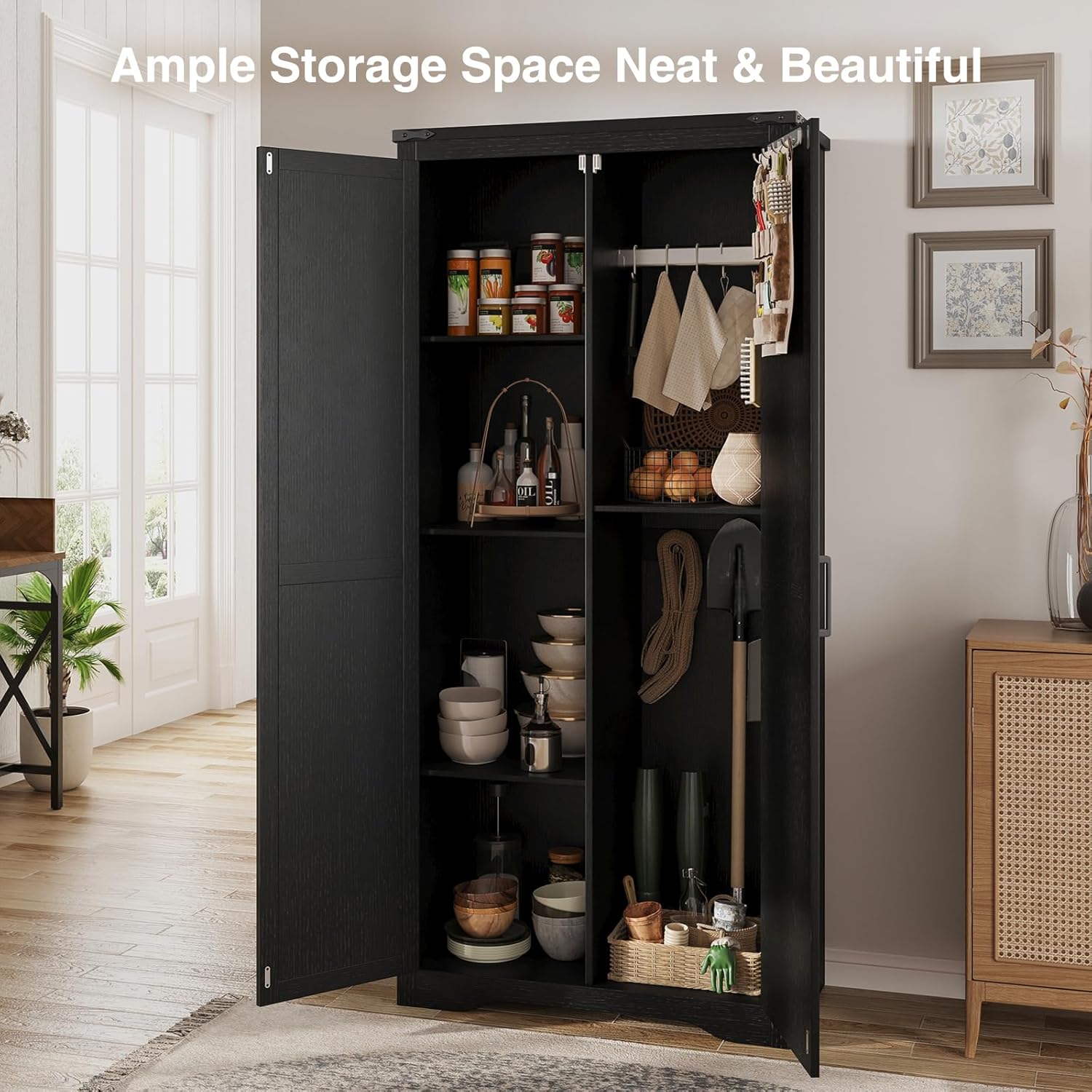 Befrases Farmhouse Storage Cabinet with Adjustable Shelves, Large Pantry Organize with 2 Barn Doors, Tall Freestanding Cabinet for Kitchen, Bathroom, Garage, Basement, Living, Utility Room, Black
