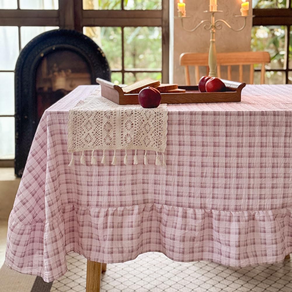 NSNLGSGC Light Blue Plaid Gingham Ruffled Tablecloth Rectangle 60"x84", Taupe Washed Cotton Blended Checkered Table Cover for Dining Room or Kitchen