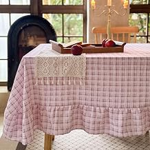 NSNLGSGC Pink Plaid Gingham Ruffled Tablecloth, 58"x84" | Ruffled, Washed Cotton Blended, Checkered, For Dining Room or Kitchen