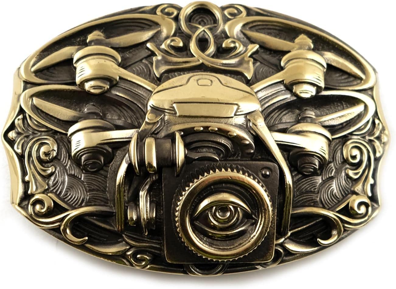 Leather belt with Drone handmade brass belt buckle, Combat quadcopter with camera military buckle, warfare drone, battlefield UAV belt